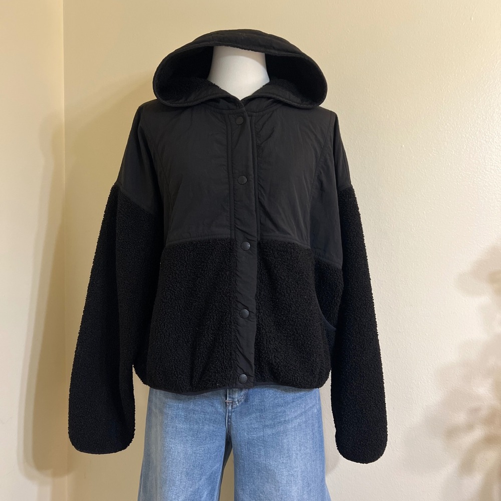OFFLINE by Aerie Black Mixed Media Sherpa Hooded Jacket Snap Front Large
